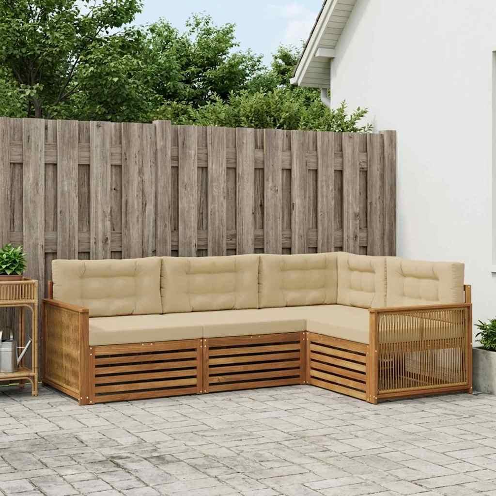 Udendørs sofagruppe i akacietræ med puder - naturlig/beige, modulopbygget hjørnesæt (4 dele)