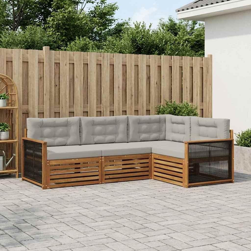 Udendørs sofagruppe i akacietræ med puder, 4 dele - natur/lysegrå