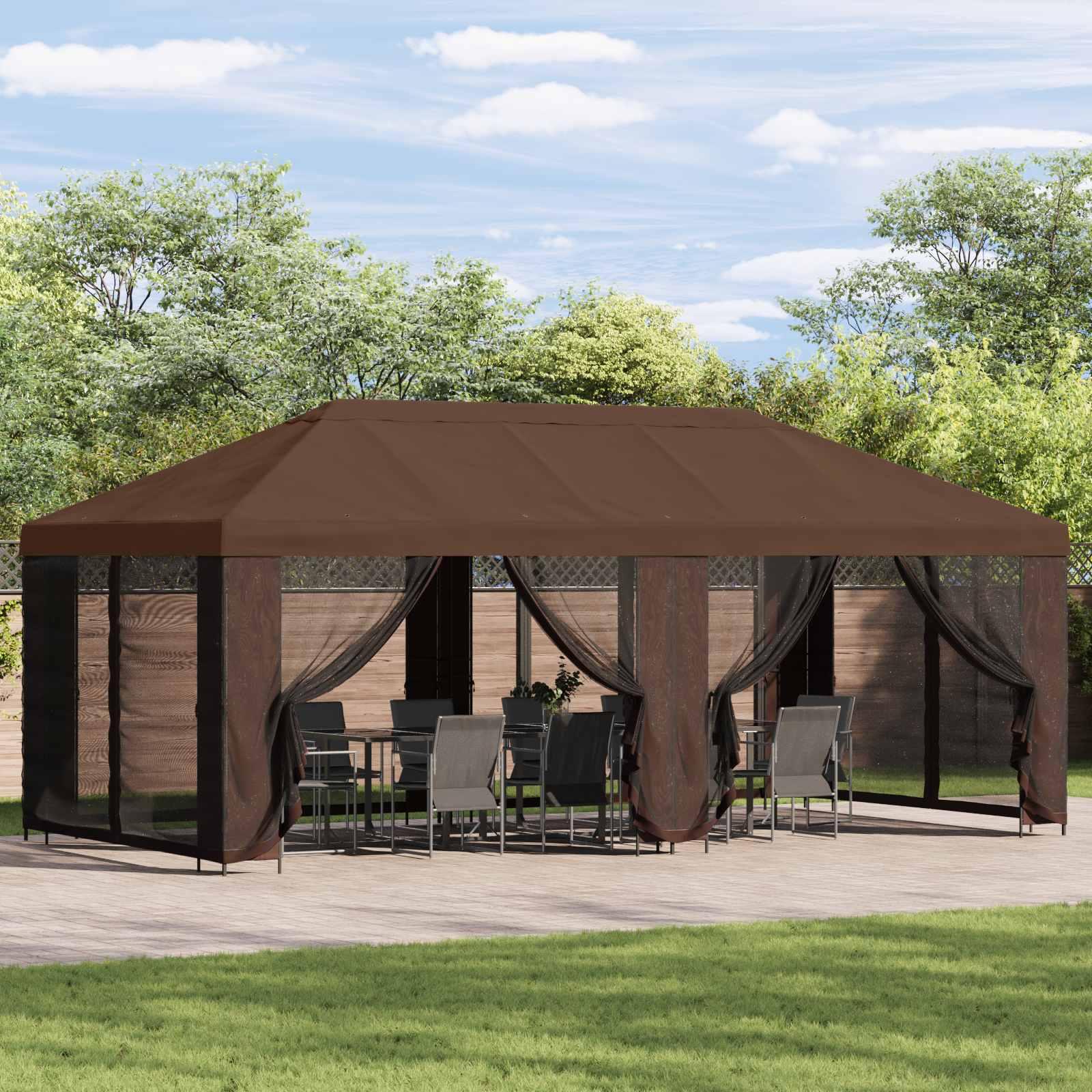 Pavillon med sidetapper 6 x 3 m Brun Polyester og Stål 190