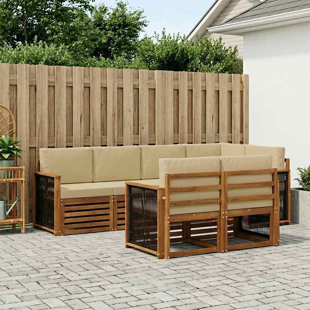 Sektionalsofa sæt til terrasse - 6 dele, naturfarvet akacietræ med polyesterhynder