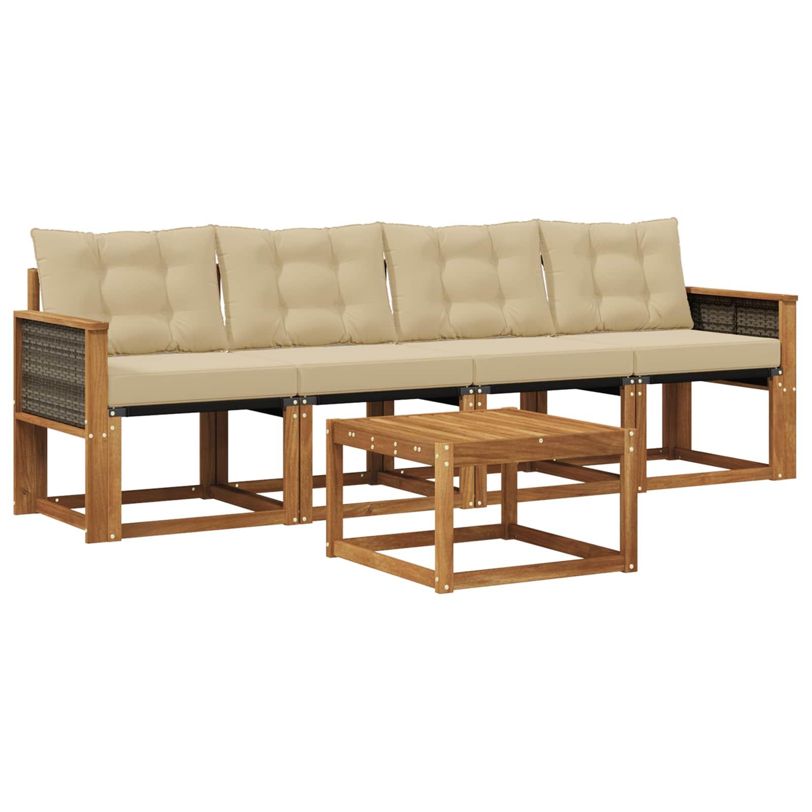 Udendørs Sofagruppe Med Pude 5 Dele - Naturlig og beige / Grå rattan
