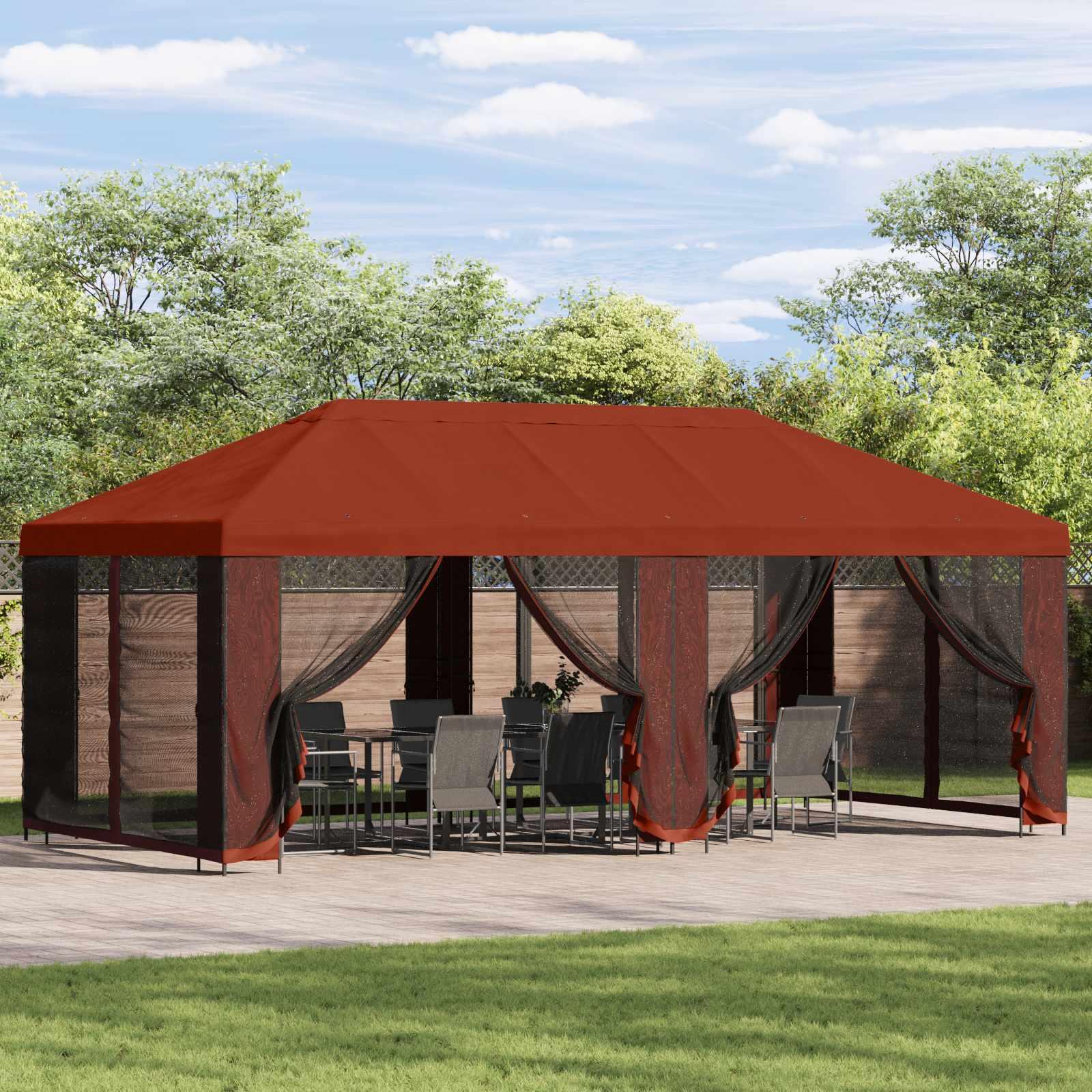 Pavillon med sidetapper 6 x 3 m Terrakotta Polyester og Stål