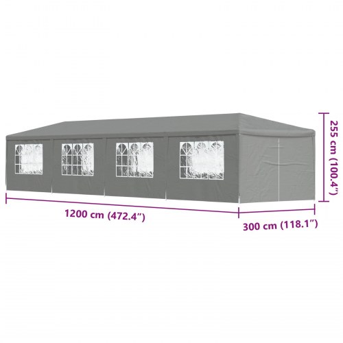 Partytelt 1200 × 300 × 255 cm - lysegrå PE og stål, med sidevægge