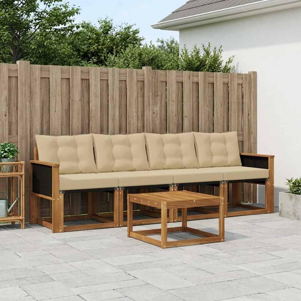 Udendørs Sofagruppe Med Pude 5 Dele - Naturlig og beige / Sort rattan