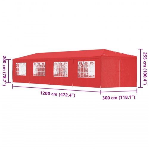 Festtelt 1200 × 300 × 255 cm - rød PE med stålramme, foldbart