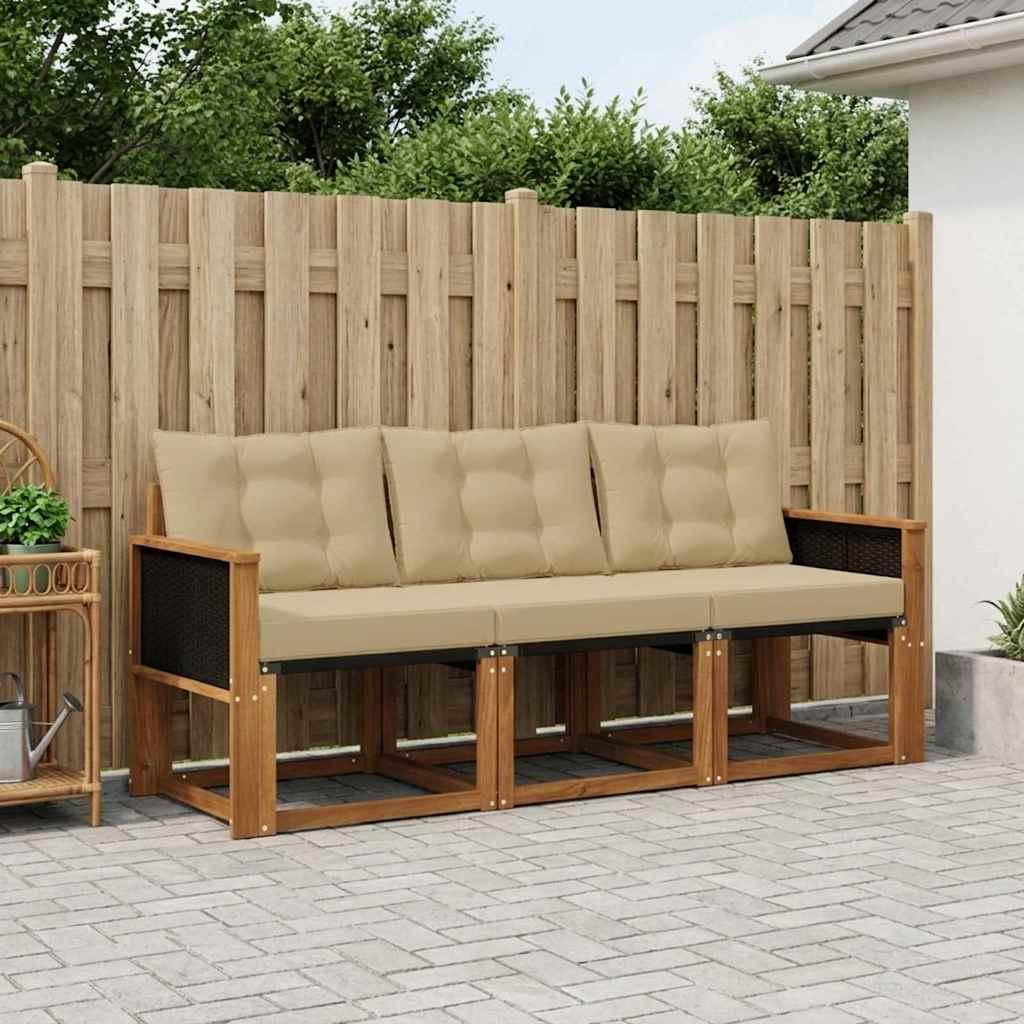 Udendørs Sofagruppe Med Pude 3 Dele - Naturlig og beige / Sort rattan