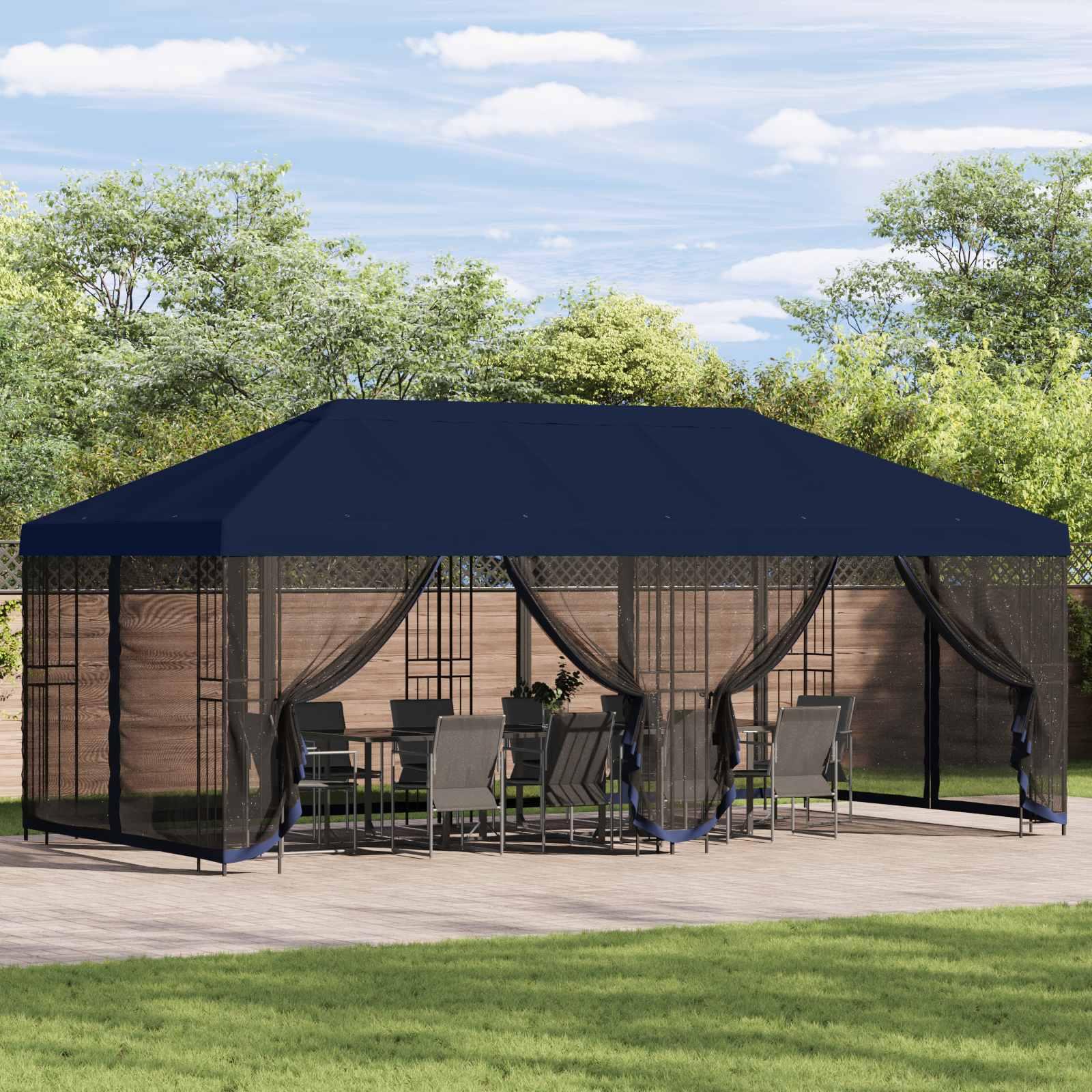 Pavillon med sidetapper 6 x 3 m Blå Polyester og Stål 190