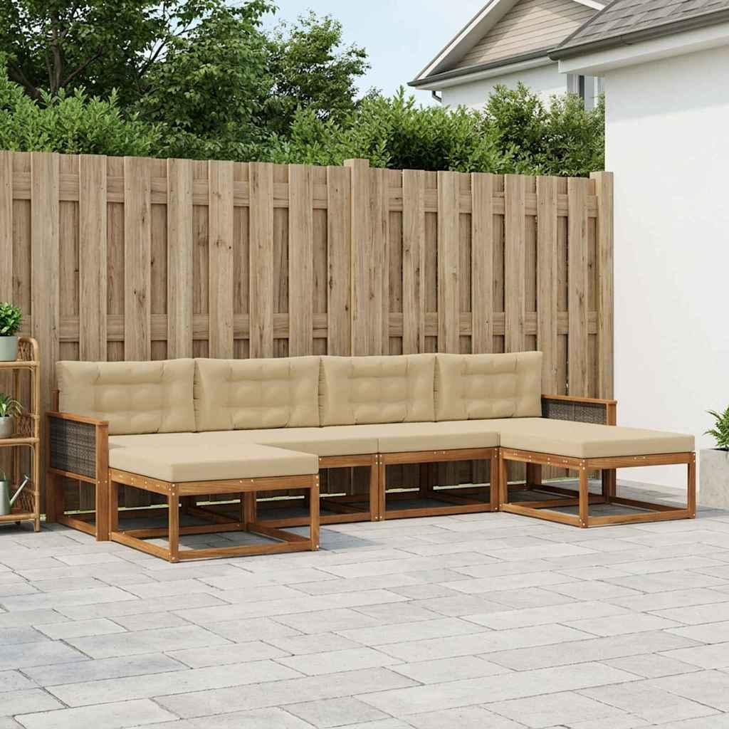 Udendørs Sofagruppe 6 Dele Massivt Akacietræ - Naturlig og beige / Grå rattan