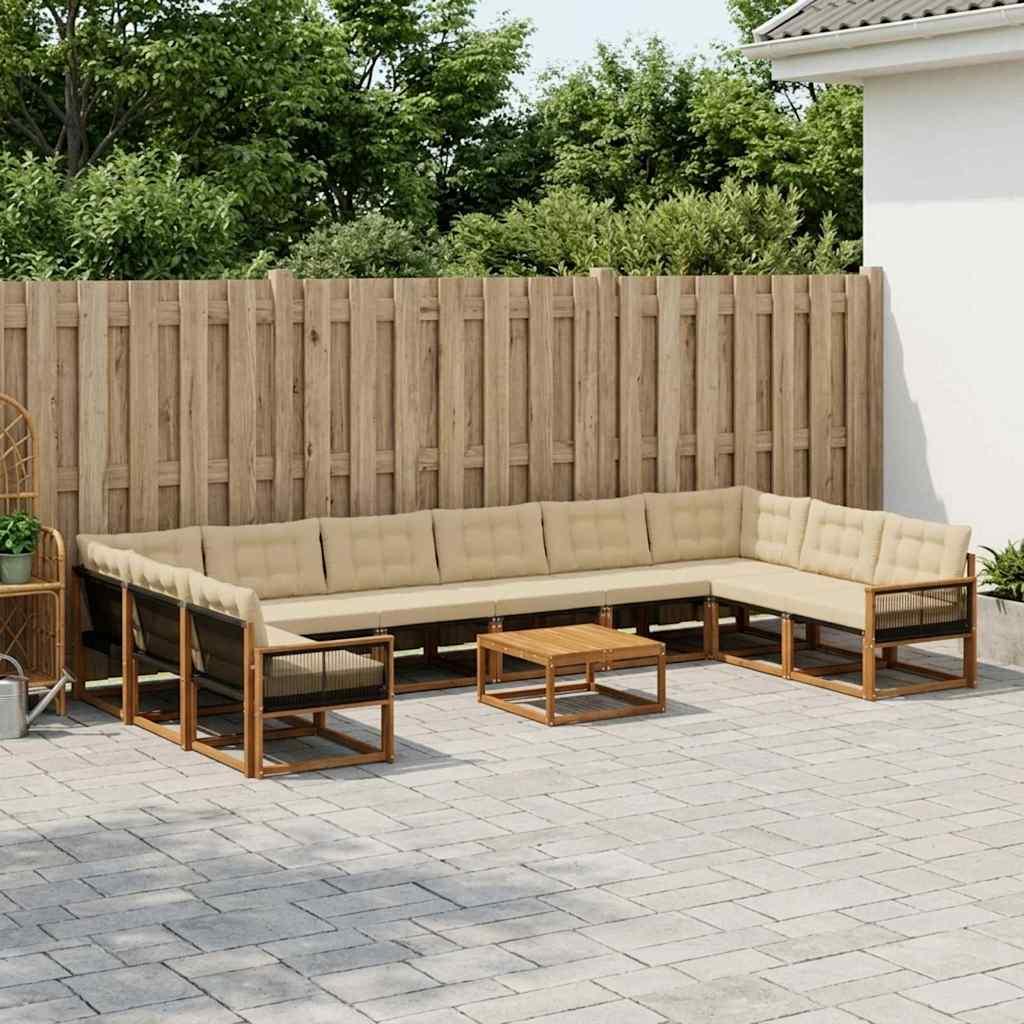Udendørs sofagruppe i akacietræ med puder - 11 dele, naturlig/beige