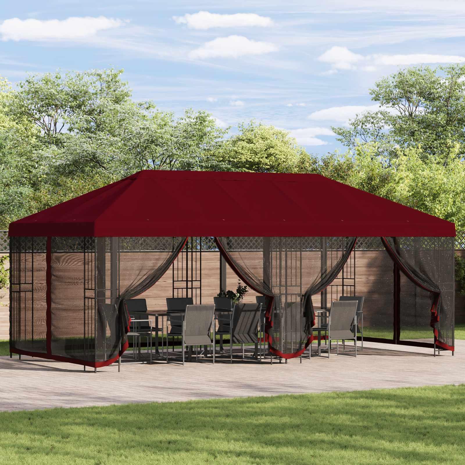 Pavillon med sidetapper 6 x 3 m Bordeaux Polyester og Stål 190