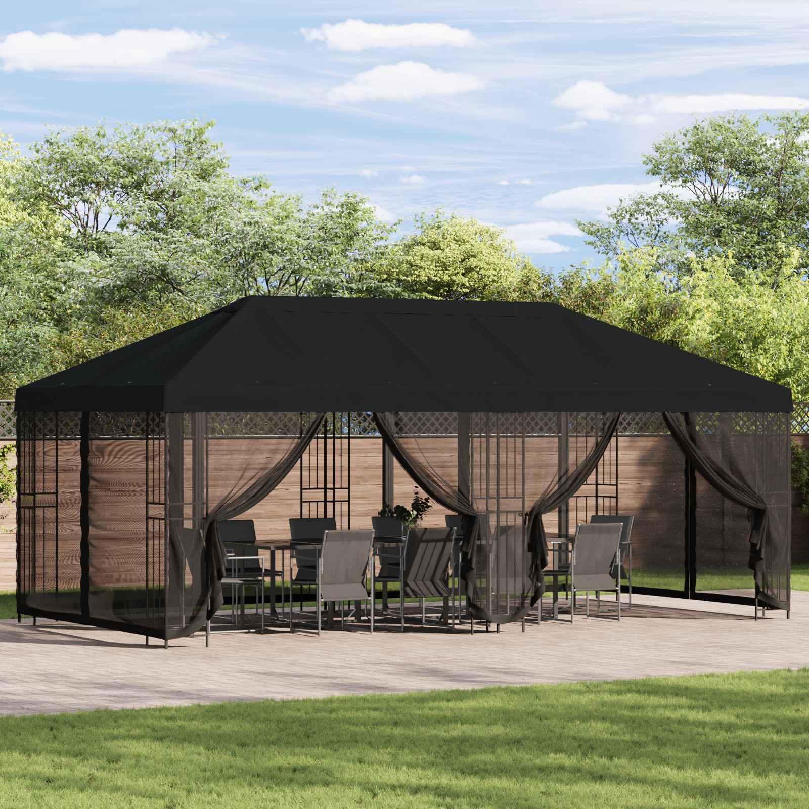 Pavillon med sidetapper 6 x 3 m Sort Polyester og Stål 190
