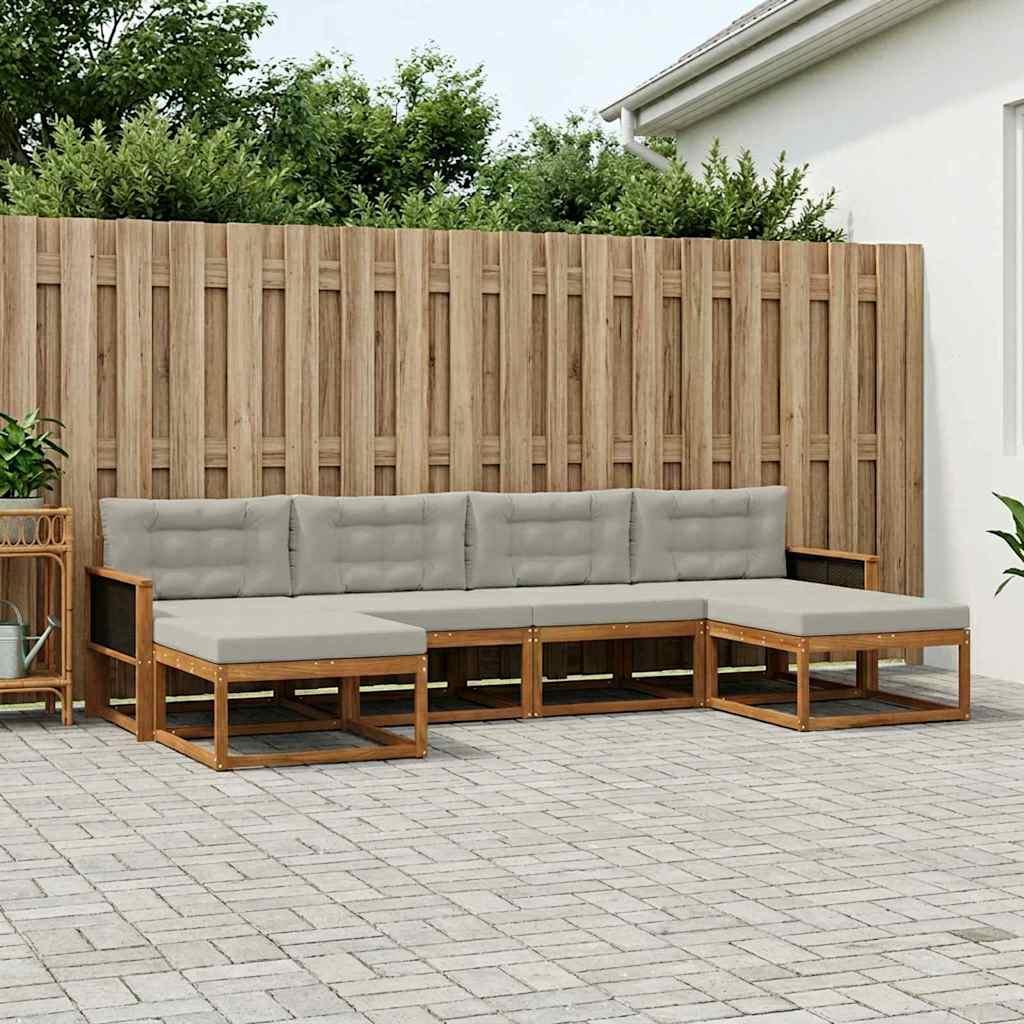 Udendørs Sofagruppe 6 Dele Massivt Akacietræ - Naturfarvet og lysegrå / Sort rattan