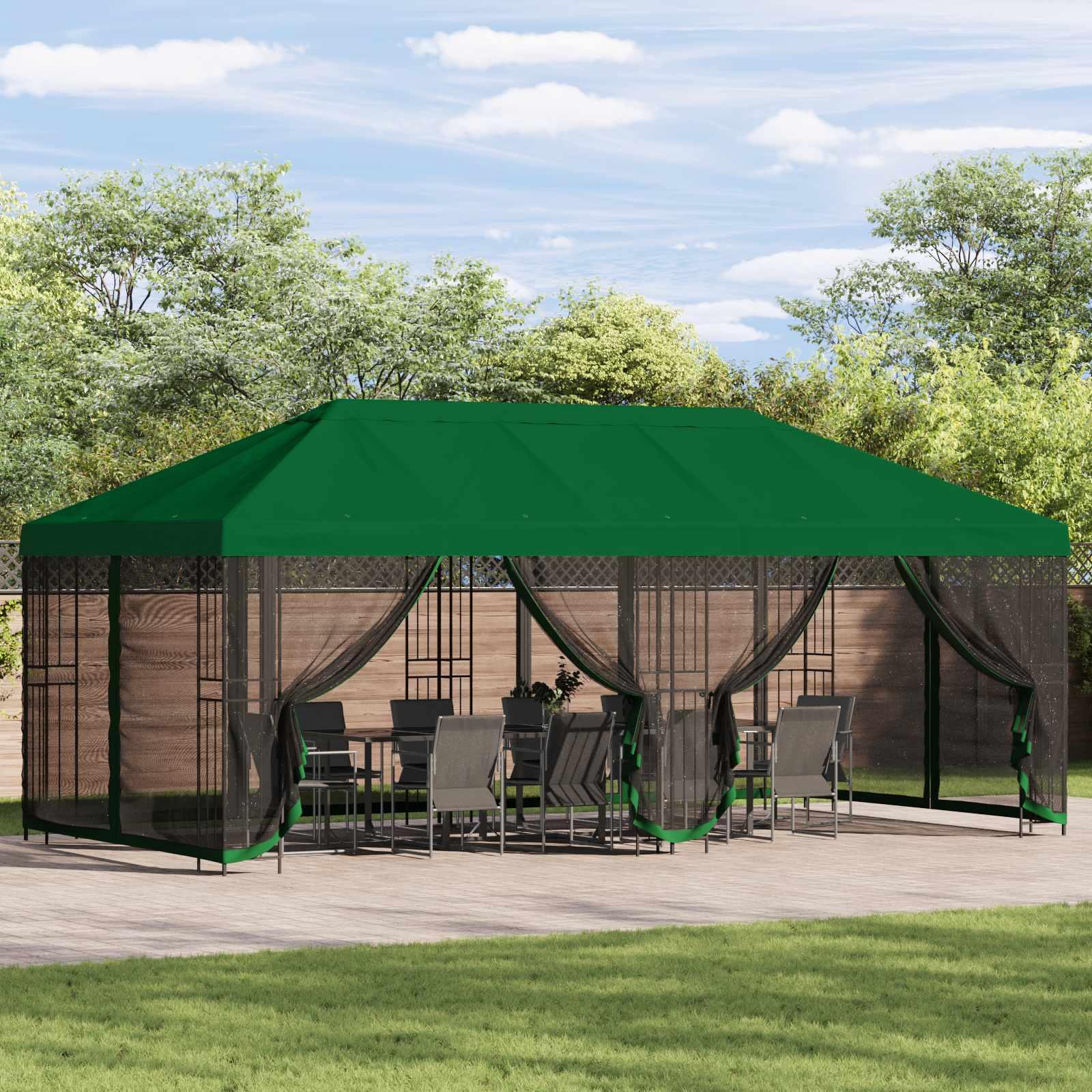 Pavillon med sidetapper 6 x 3 m Grøn Polyester og Stål 190