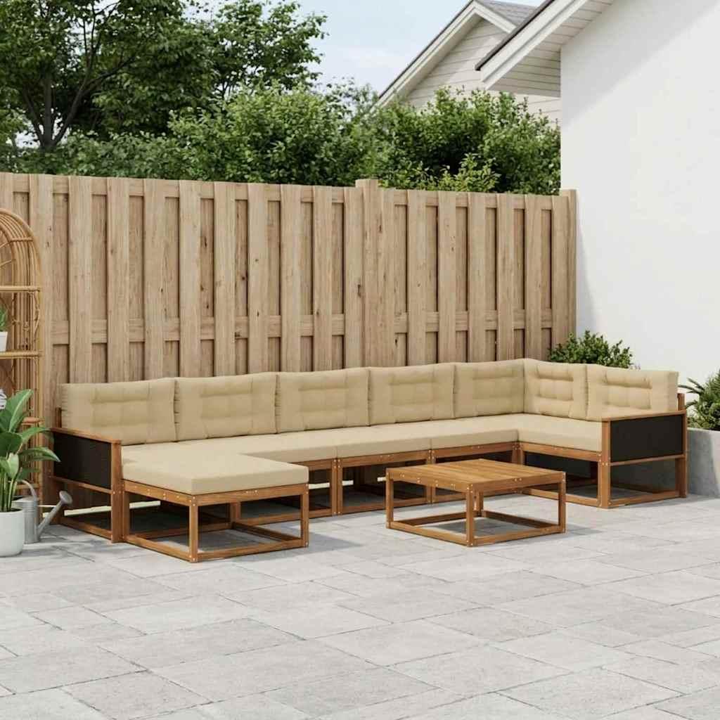 Udendørs Sofagruppe 8 Dele Massivt Akacietræ - Naturlig og beige / Sort rattan