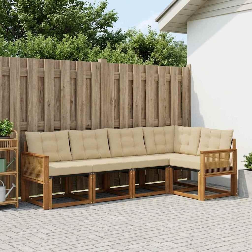 Udendørs sofagruppe i akacietræ med hynder - 5 dele, naturlig/beige