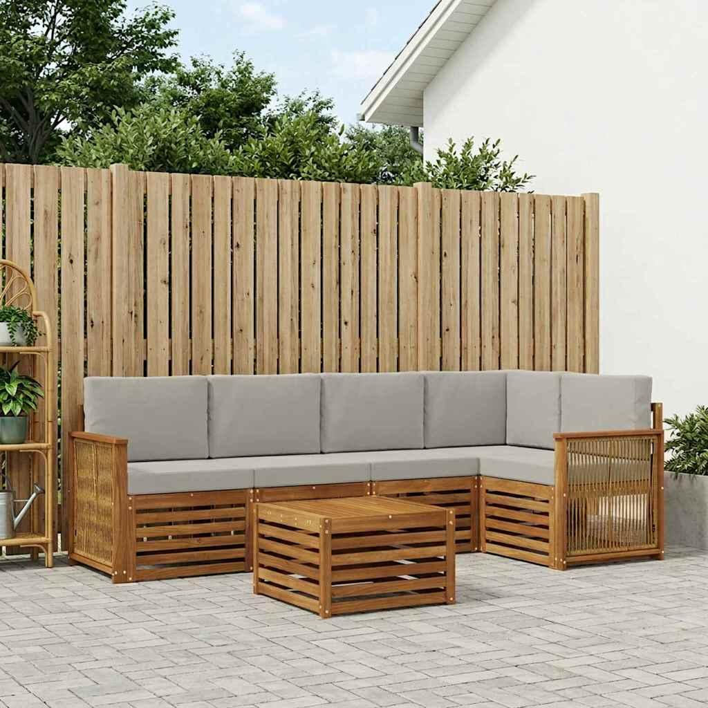 Sektionalsofa sæt med puder - 5 dele, natur/lysegrå, akacietræ