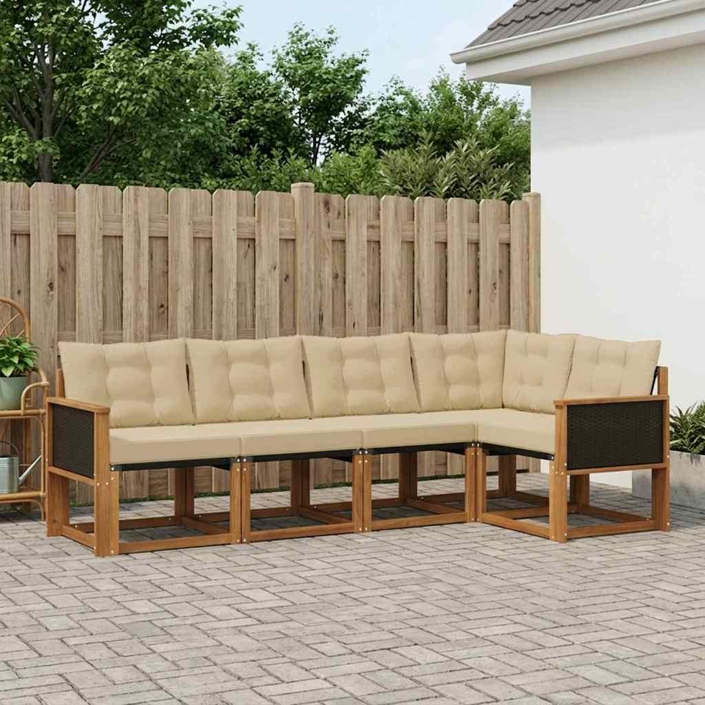 Udendørs Sofagruppe Med Pude 5 Dele - Naturlig og beige / Sort rattan