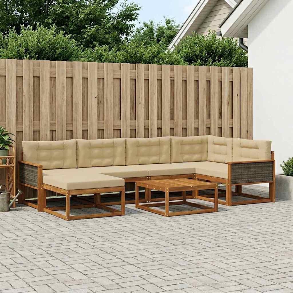 Udendørs Sofagruppe 7 Dele Massivt Akacietræ - Naturlig og beige / Grå rattan