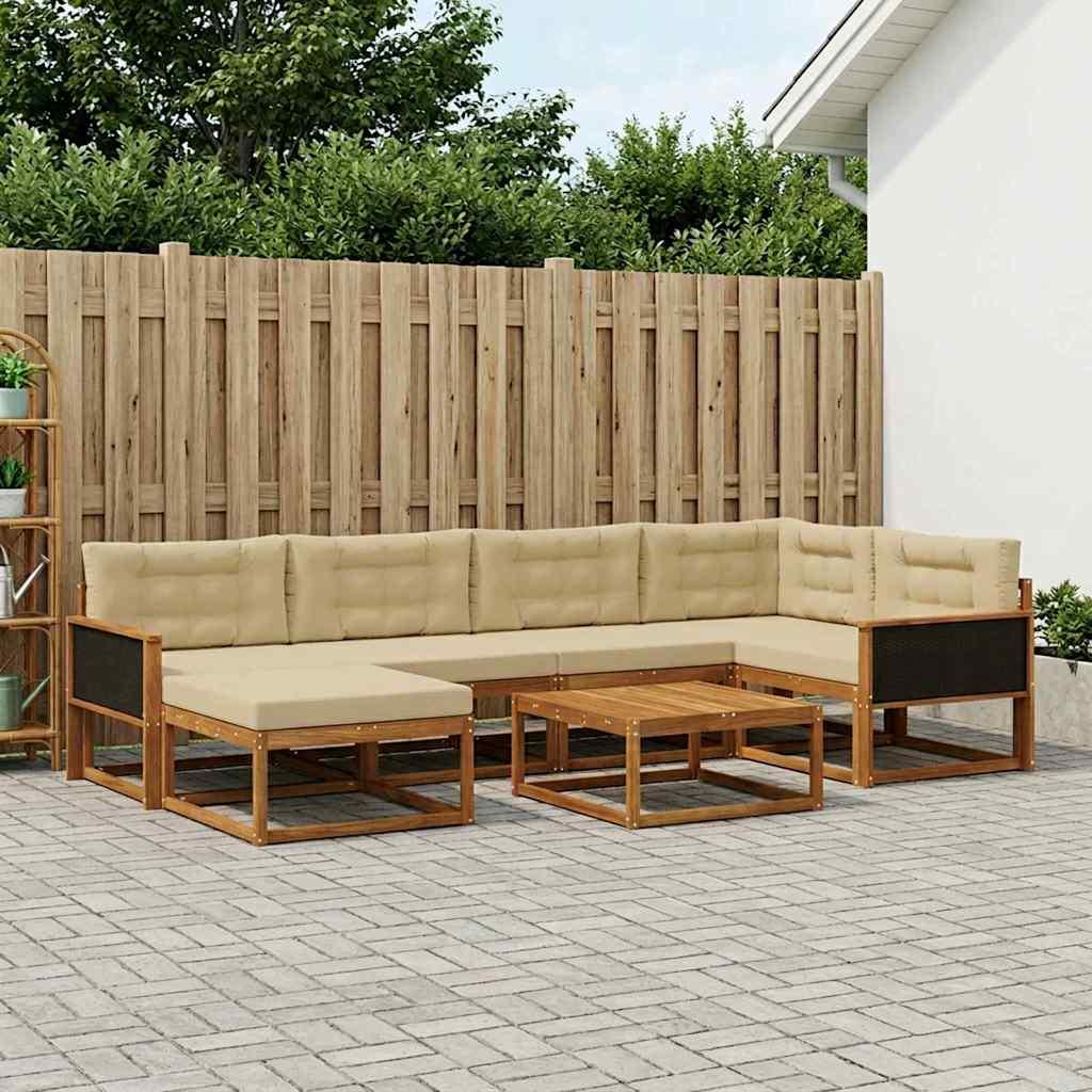 Udendørs Sofagruppe 7 Dele Massivt Akacietræ - Naturlig og beige / Sort rattan