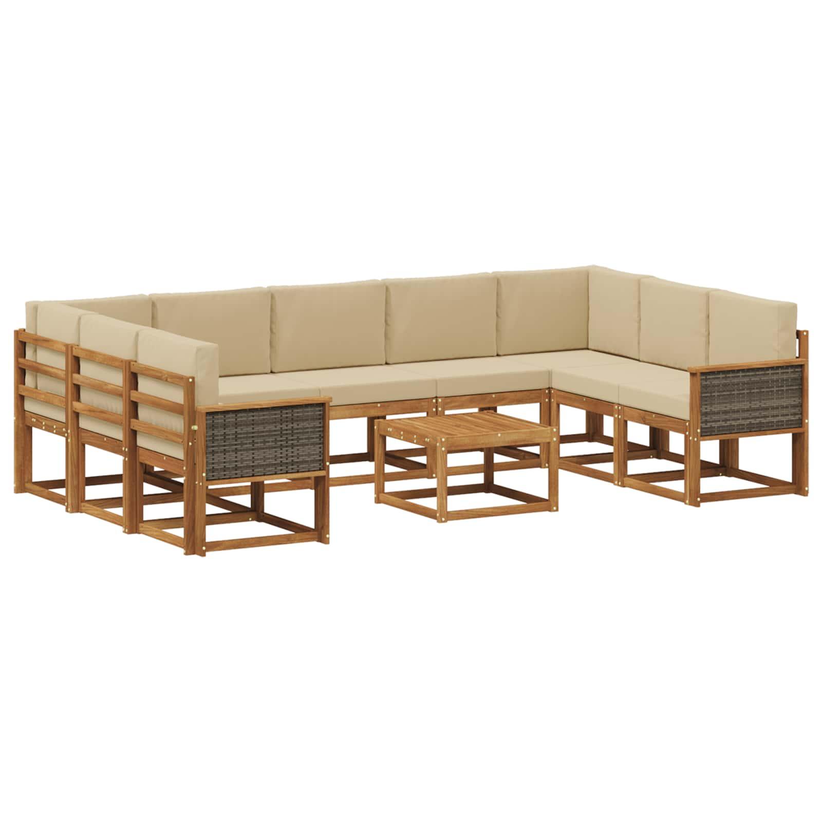 Udendørs Sofagruppe 10 Dele Massivt Akacietræ - Naturlig og beige / Grå rattan