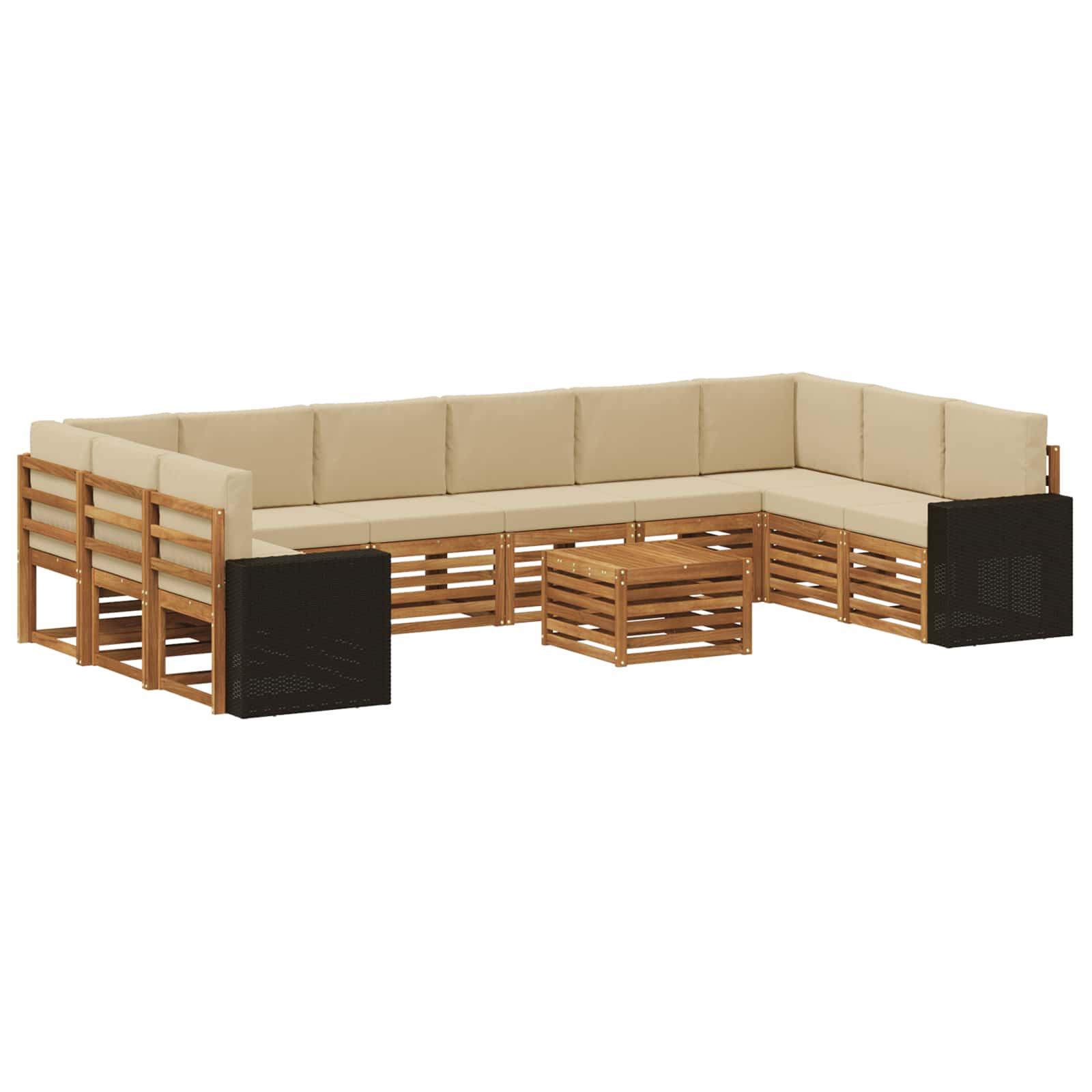 Udendørs sofagruppe i akacietræ med hynder - 11 dele, naturlig/beige