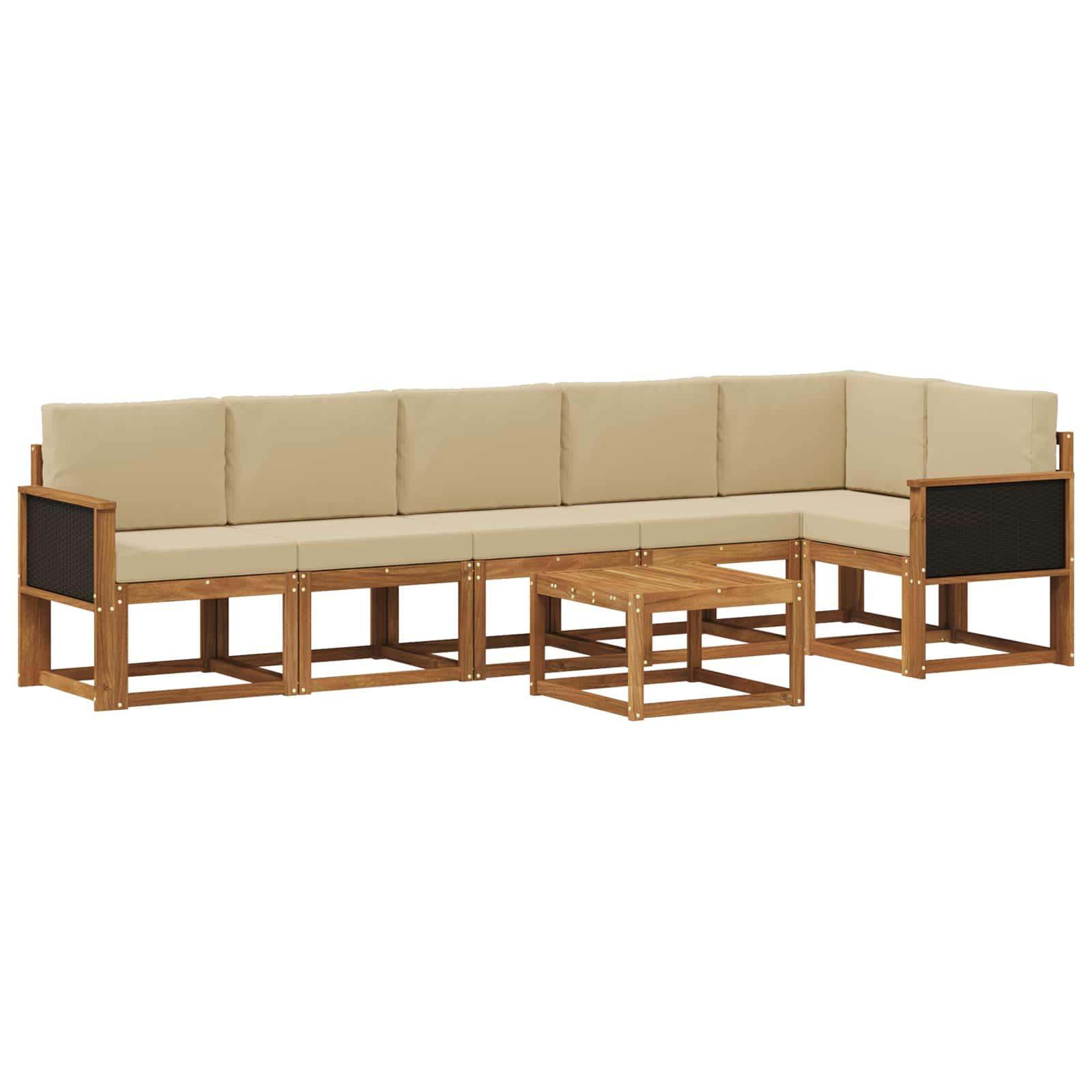 Udendørs sofagruppe i akacietræ med puder, 7 dele - naturlig/beige polyester