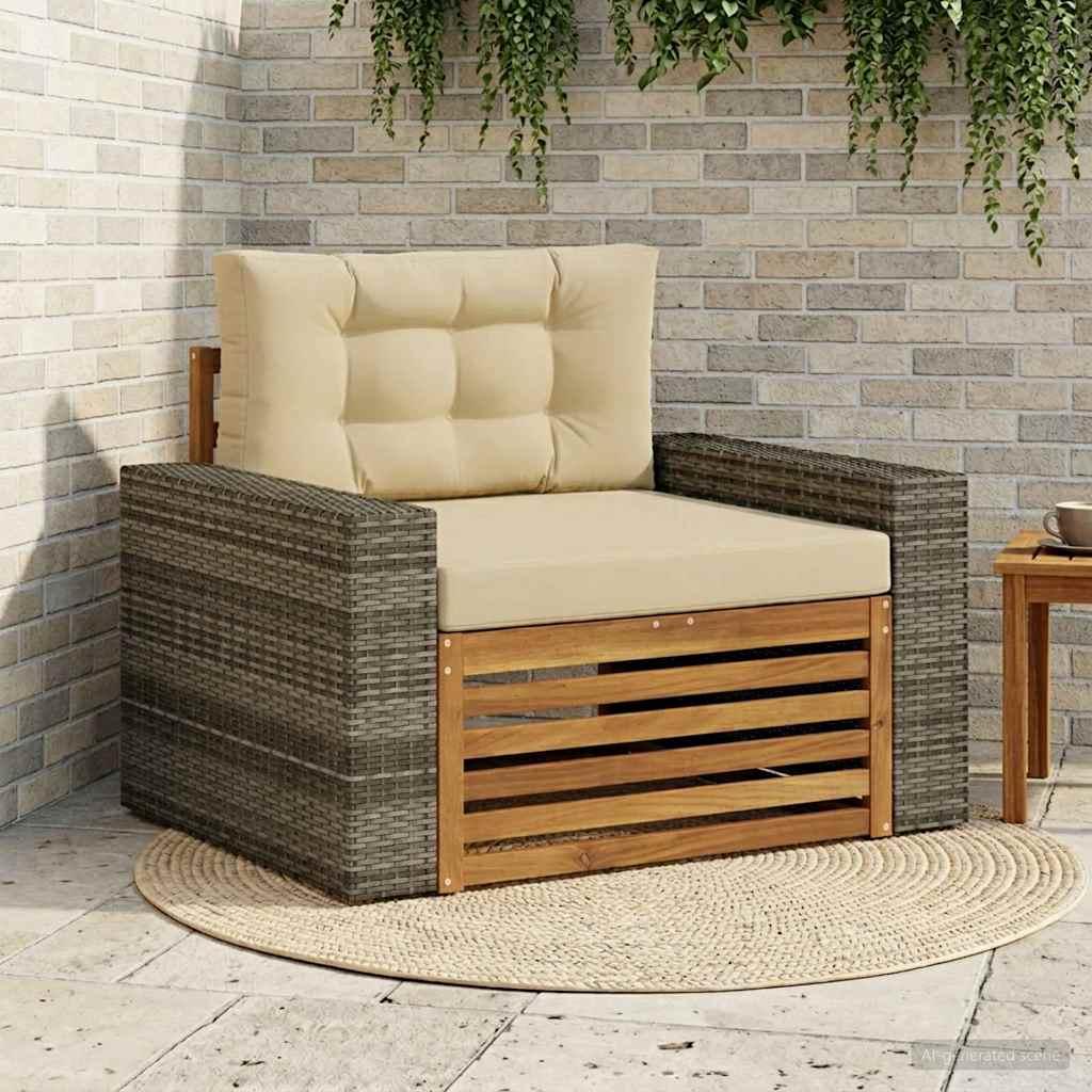 Udendørs mellemsofa i massivt akacietræ - naturfarvet, 1 plads med beige puder
