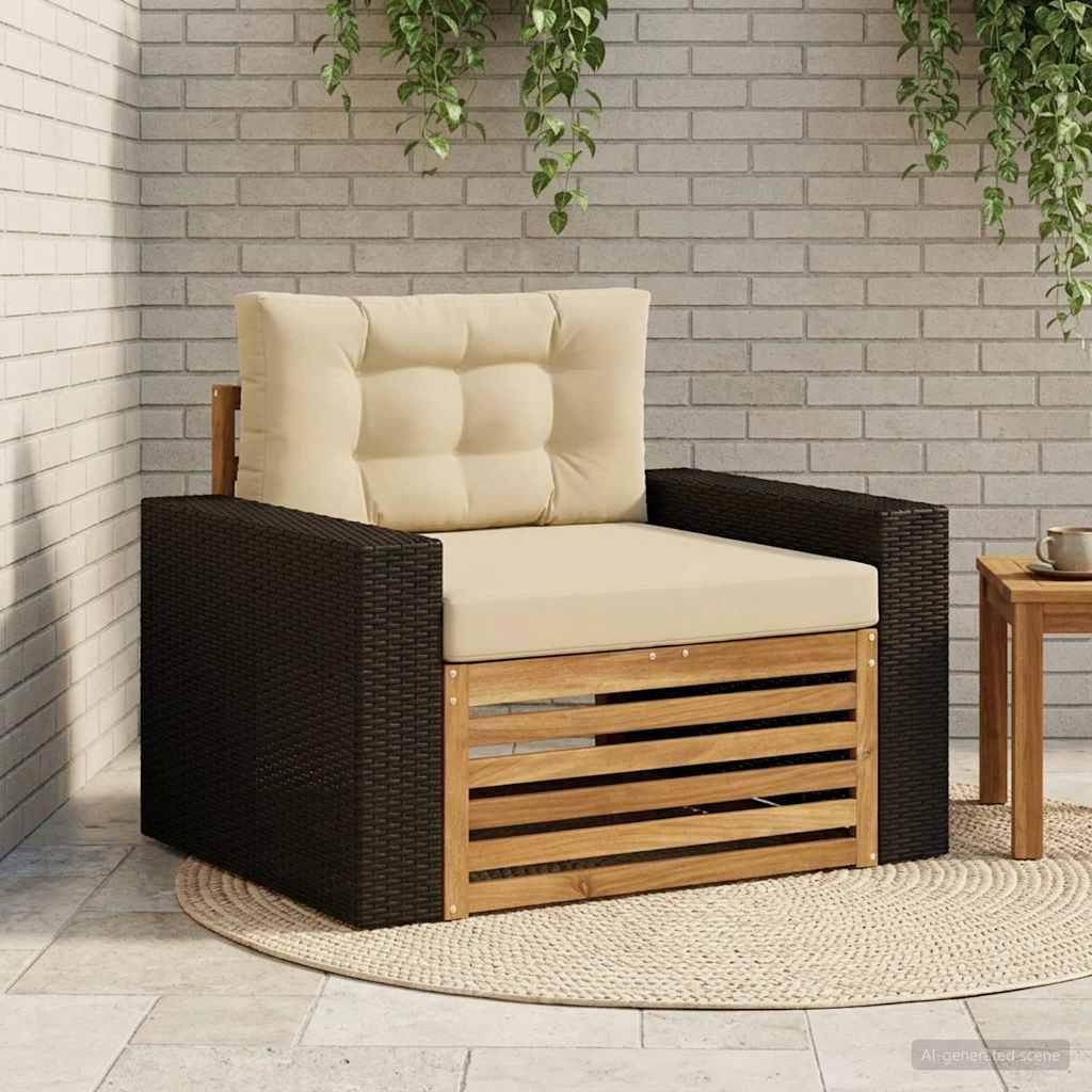 Udendørs mellem-sofa i massivt akacietræ - naturfarvet, beige puder