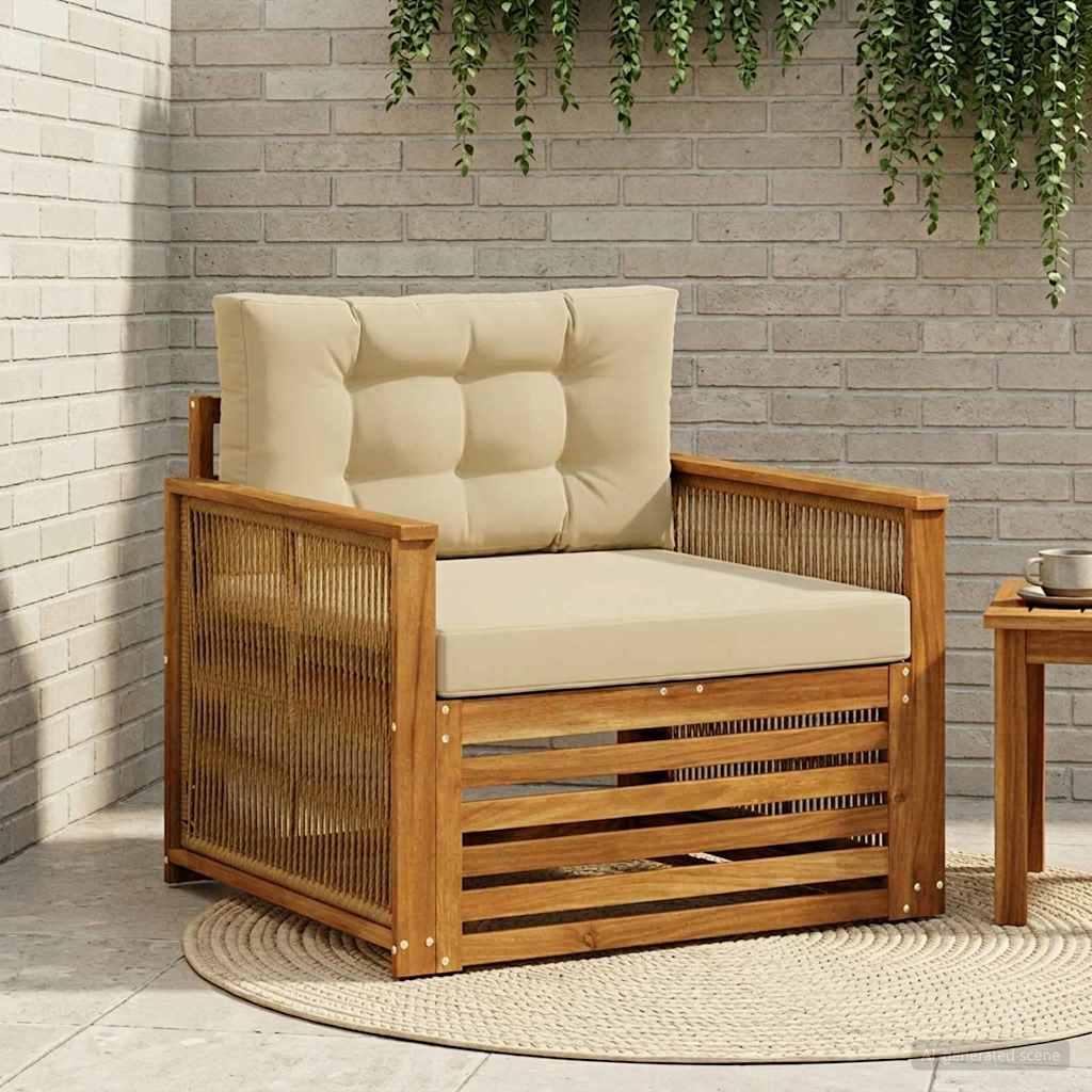 Udendørs mellemsofa i massivt akacietræ - naturfarve, 1-plads med beige puder