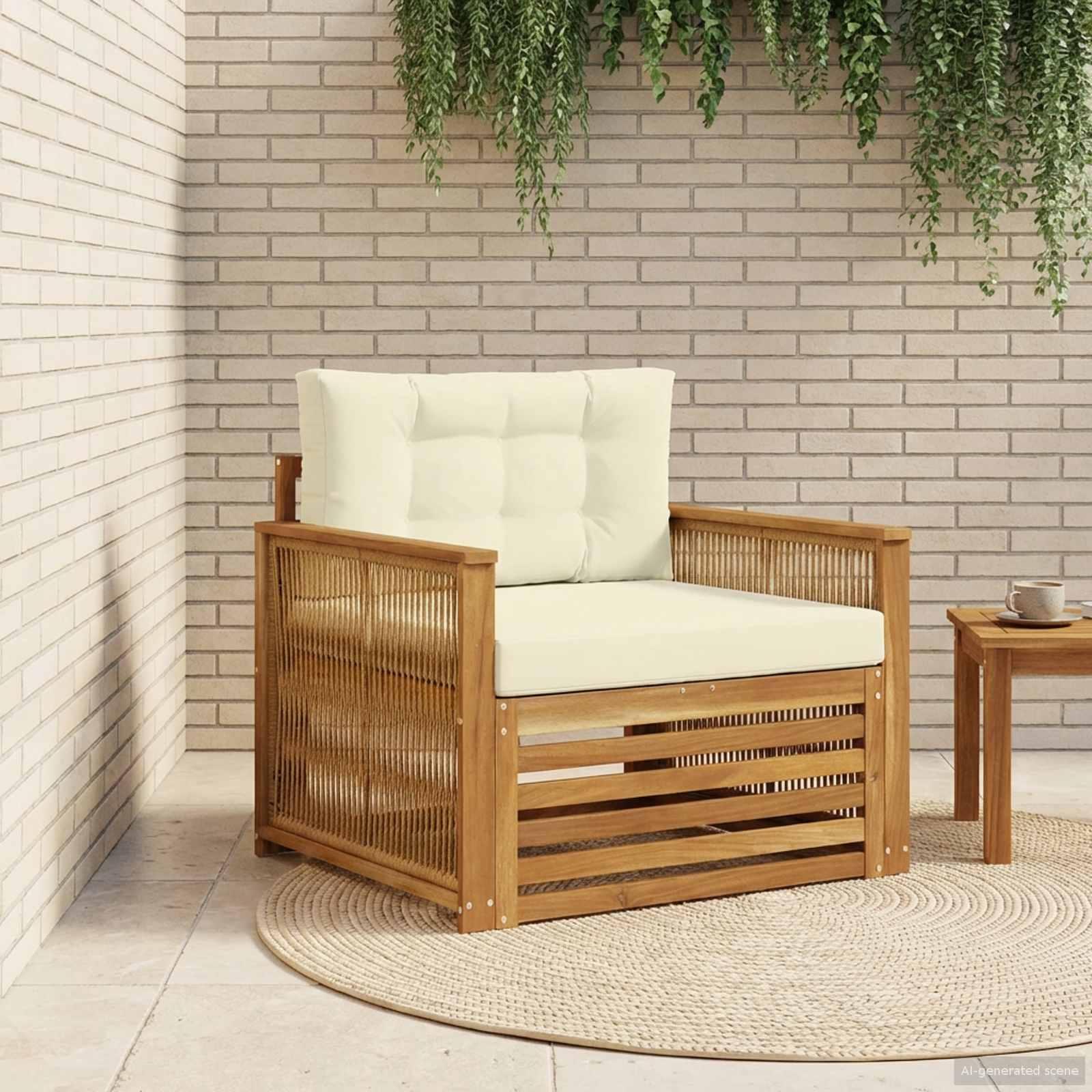 Udendørs loungesofa i massivt akacietræ - naturlig/creme, 1-plads