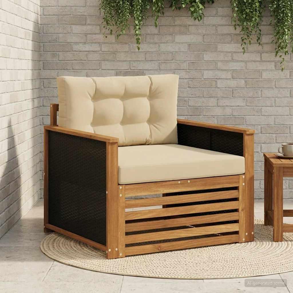 Udendørs mellemsofa i massivt akacietræ - natur, 1-pers. med beige puder