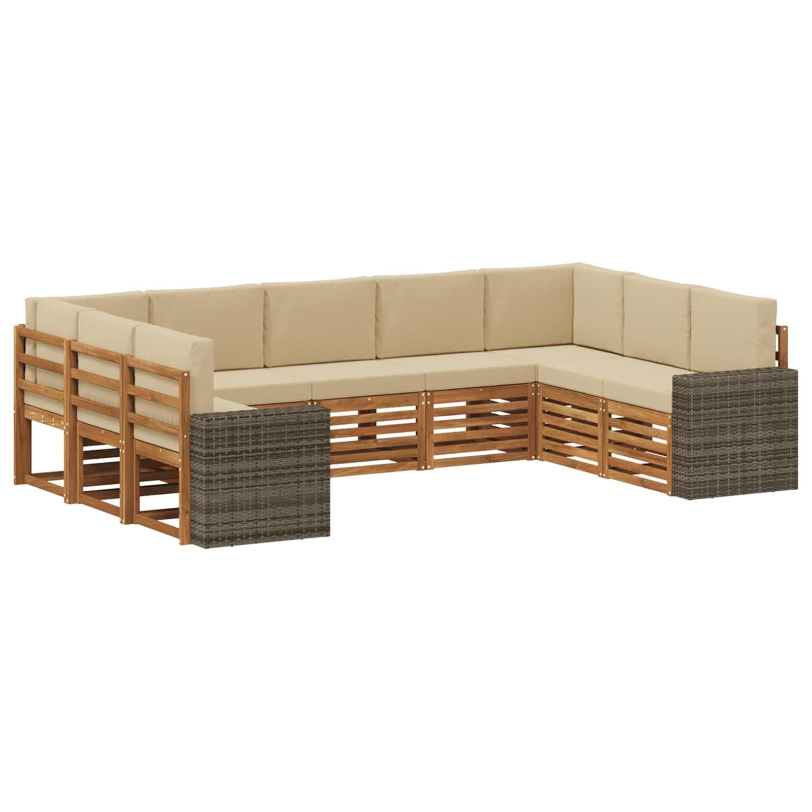 Sektionalsofa sæt til terrasse - 9 dele i naturlig træ og beige polyester