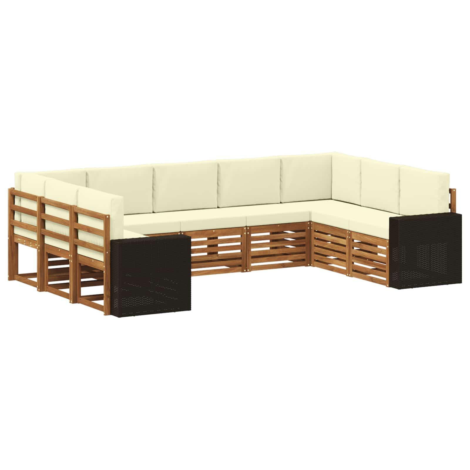 Sektionalsofa sæt til terrasse - 9 dele i massivt akacietræ, naturlig/fløde polyester