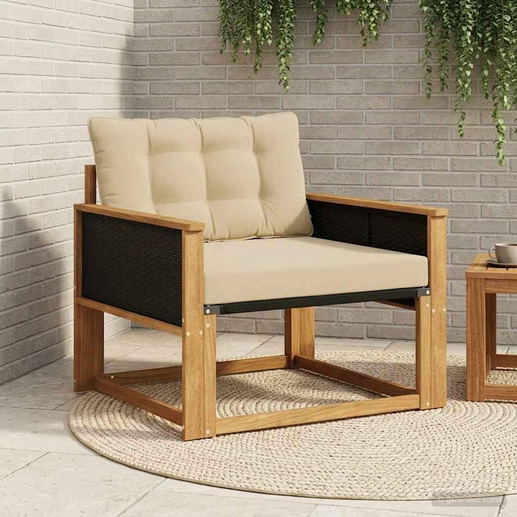 Udendørs Sofagruppe Massiv Akacietræ Og Textilene Naturfarvet - Default Title / Sort rattan / Naturlig og beige