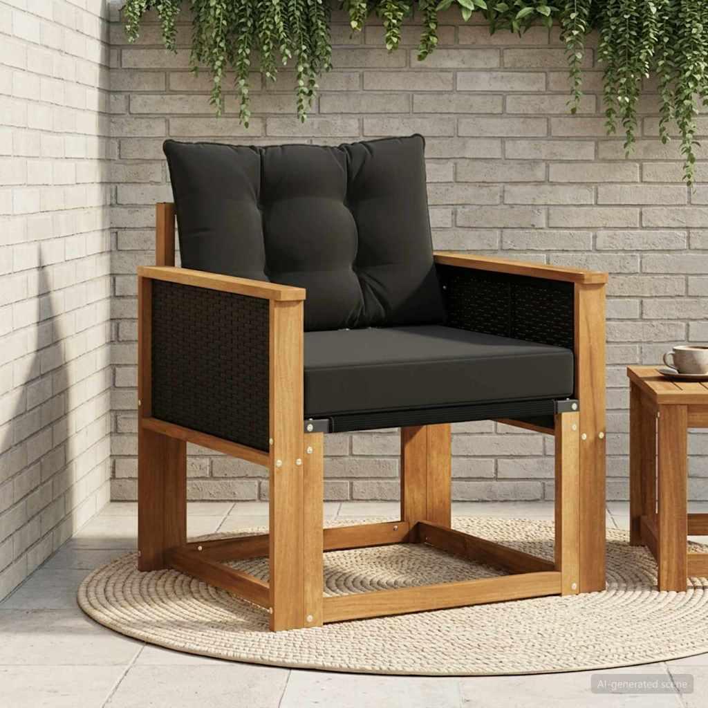 Udendørs Sofa Massivt Akacietræ - Naturfarvet og sort / Sort rattan
