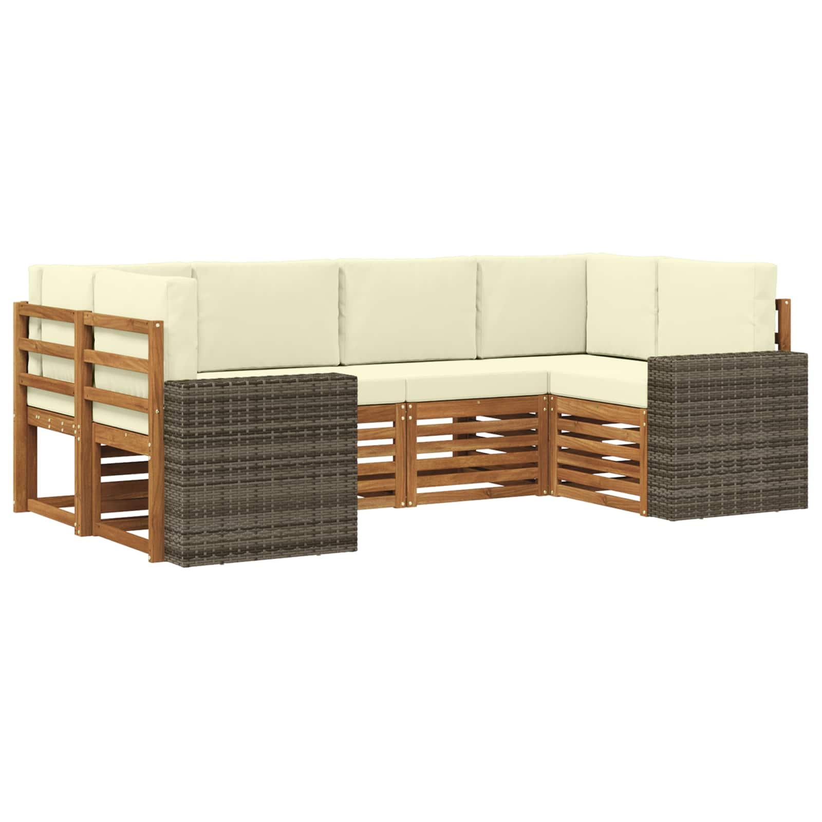 Sektionalsofa sæt til terrasse - 6 dele i naturlig træ og fløde polyester