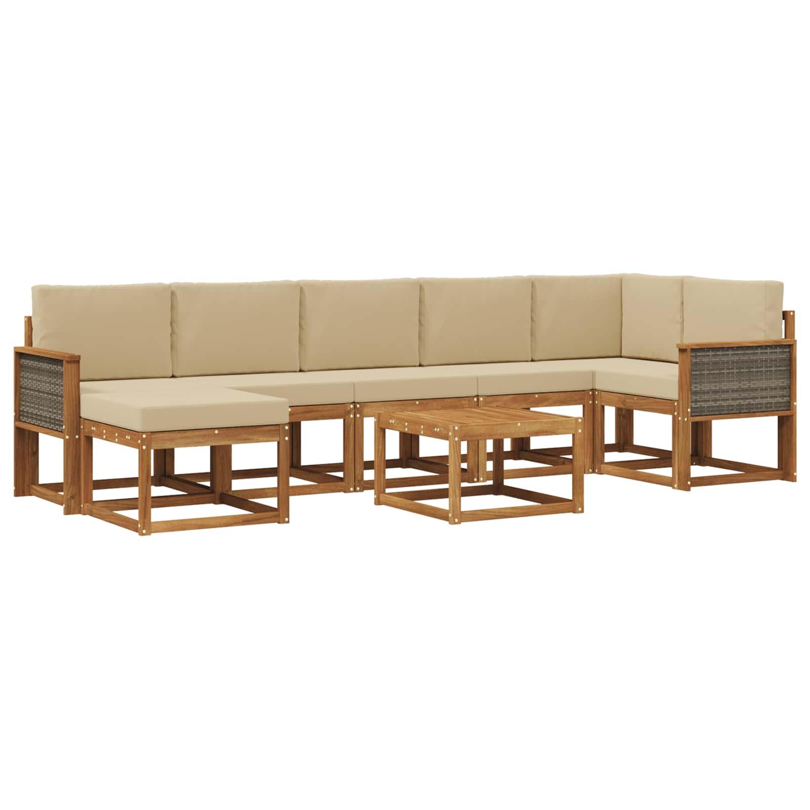 Udendørs Sofagruppe 8 Dele Massivt Akacietræ - Naturlig og beige / Grå rattan