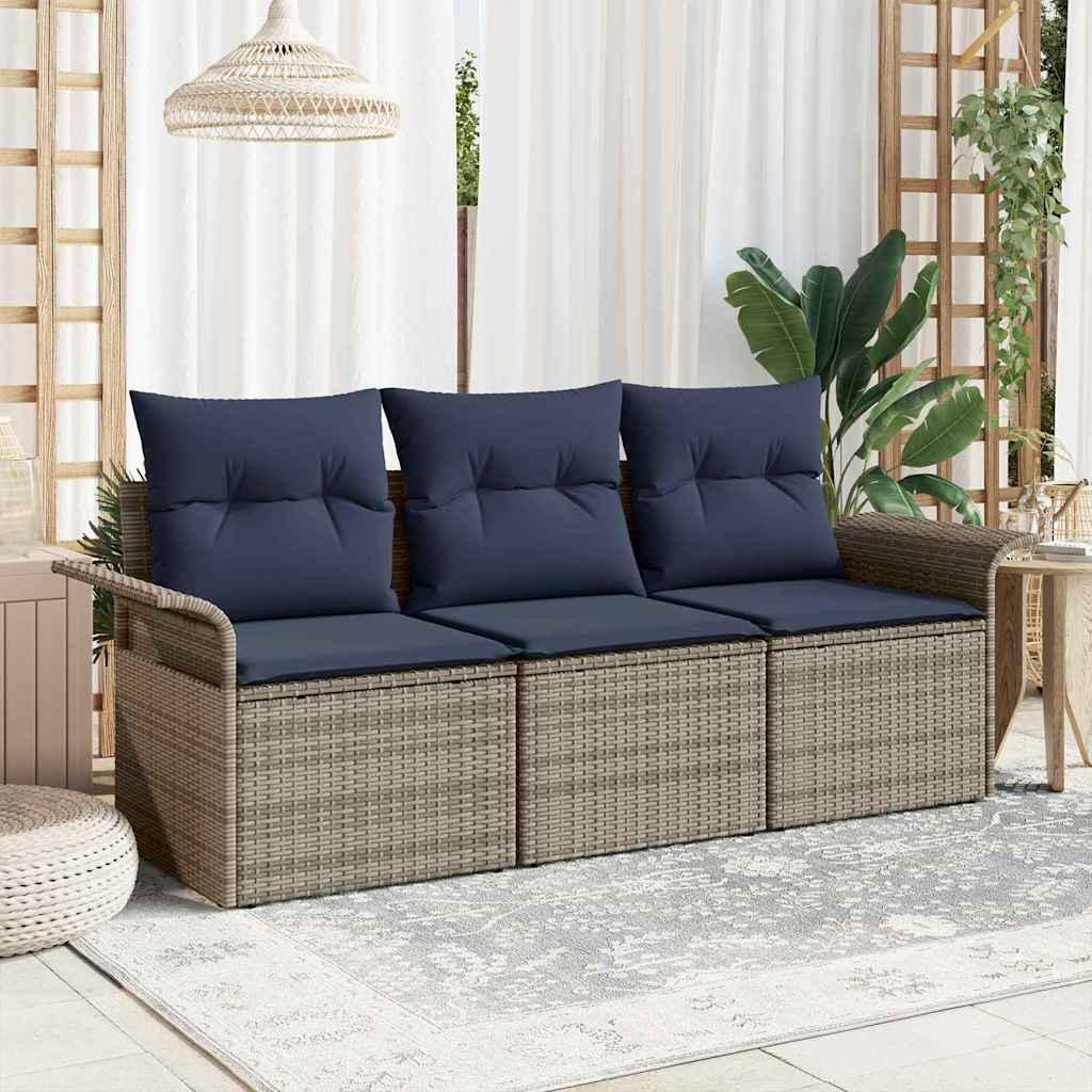 Sofa Sæt med pude 3 stk Grå og Marineblå polyrattan