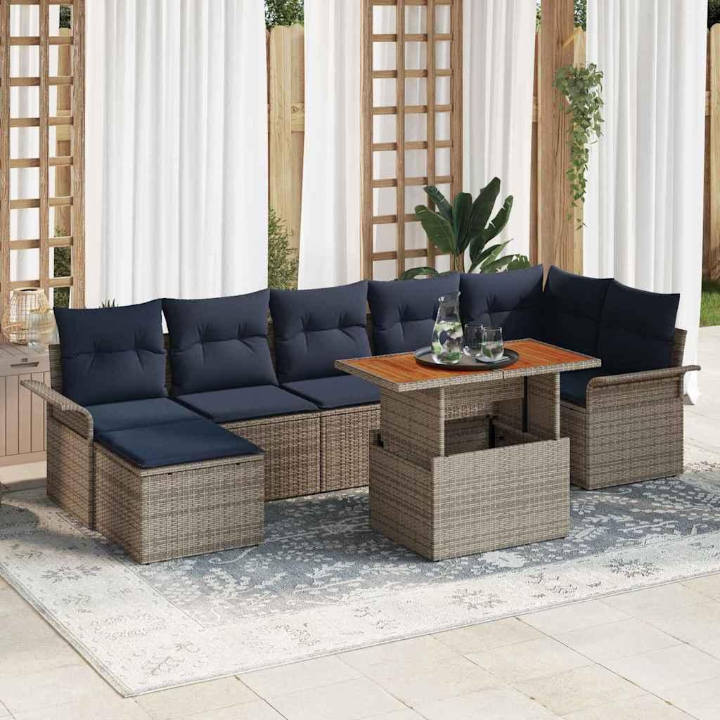 Havesofa Sæt med pude 8 stk Grå og Marineblå polyrattan