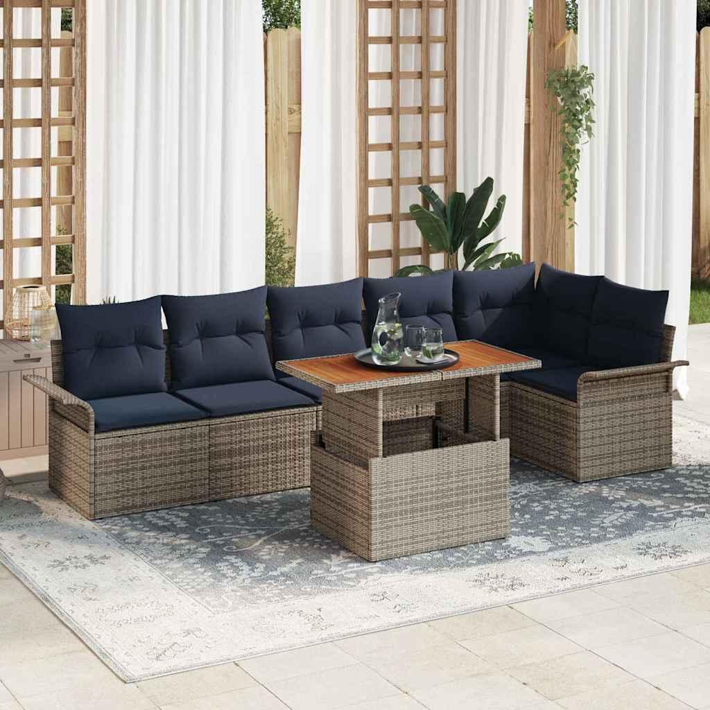 Havesofa Sæt med pude 7 stk Grå og Marineblå polyrattan