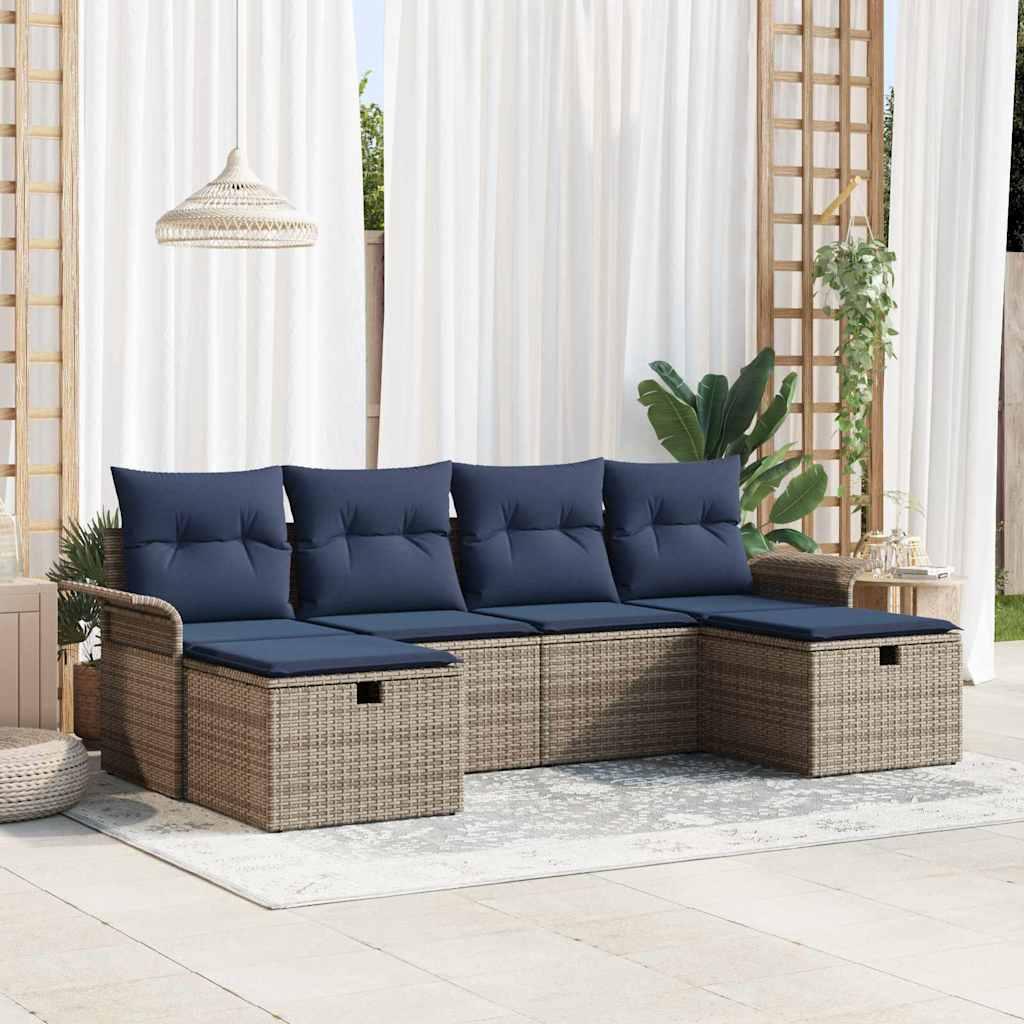 Havesofa Sæt med pude 6 stk Grå og Marineblå polyrattan