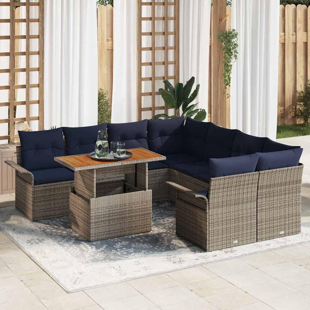 Havesofa Sæt med pude 9 stk Grå og Marineblå polyrattan