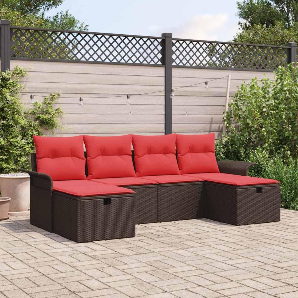 Havesofa Sæt med pude 6 stk Brun og Rød polyrattan