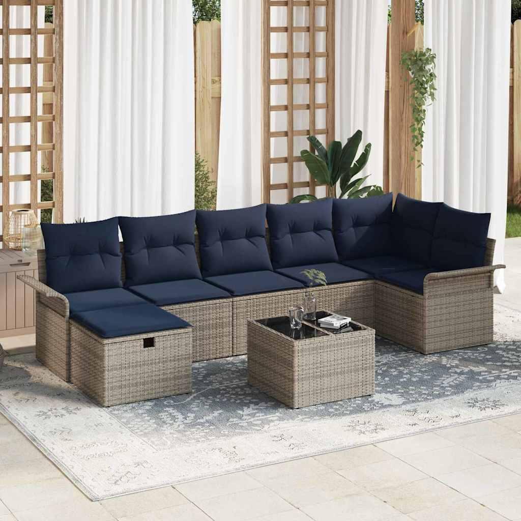 Havesofa Sæt med pude 8 stk Grå og Marineblå polyrattan