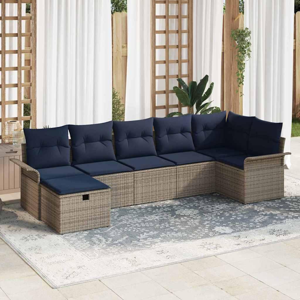 Havesofa Sæt med pude 7 stk Grå og Marineblå polyrattan