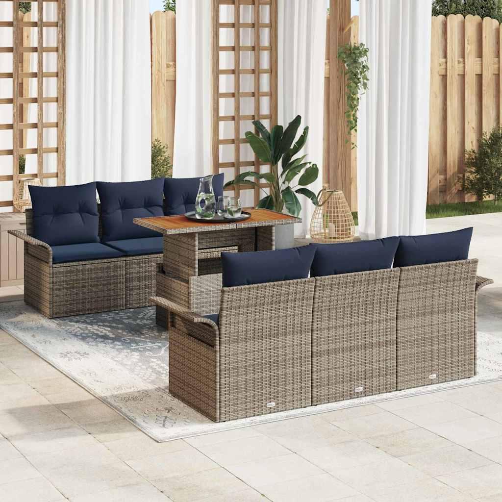 Havesofa Sæt med pude 7 stk Grå og Marineblå polyrattan