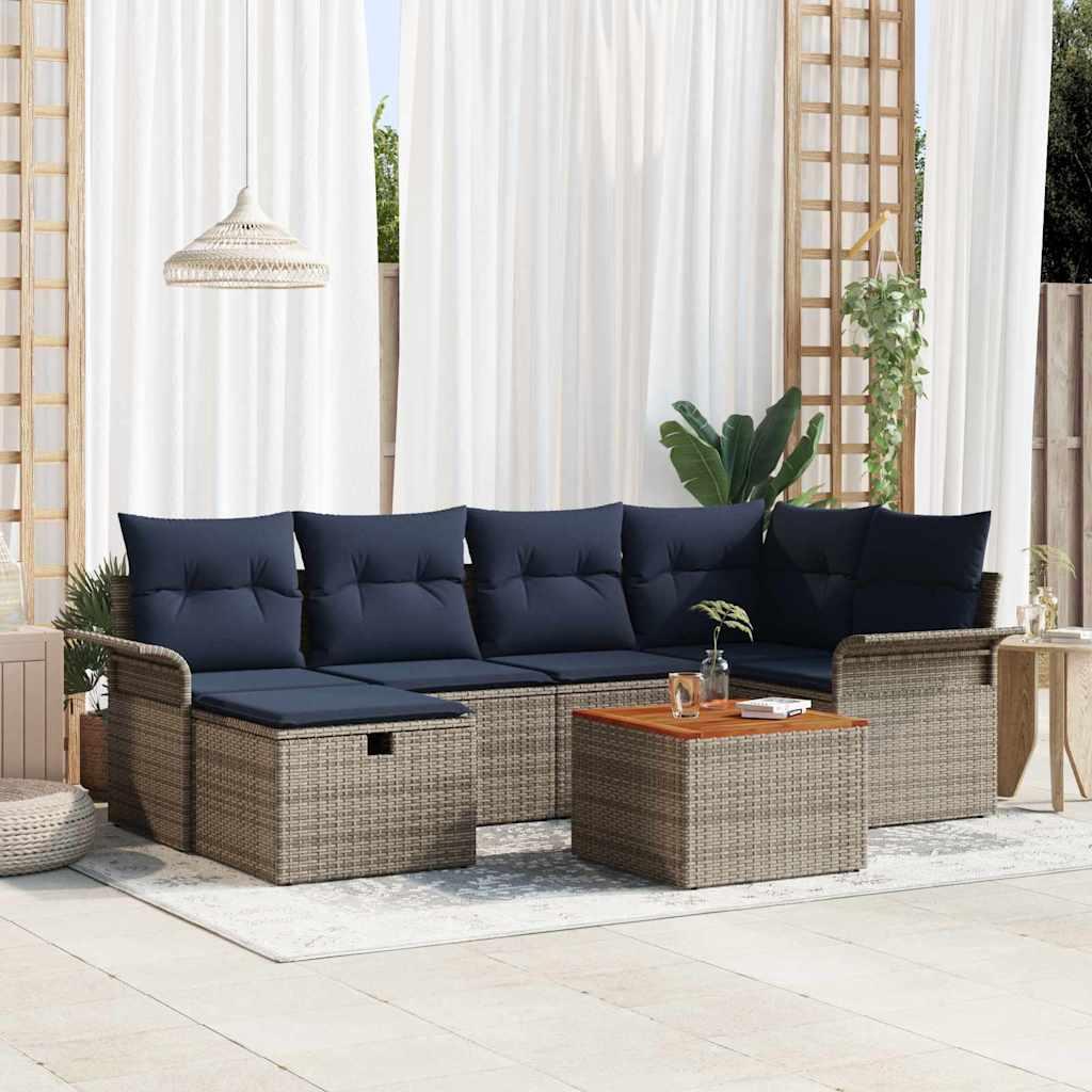Havesofa sæt med puder og opbevaring - 7 dele i grå polyrattan