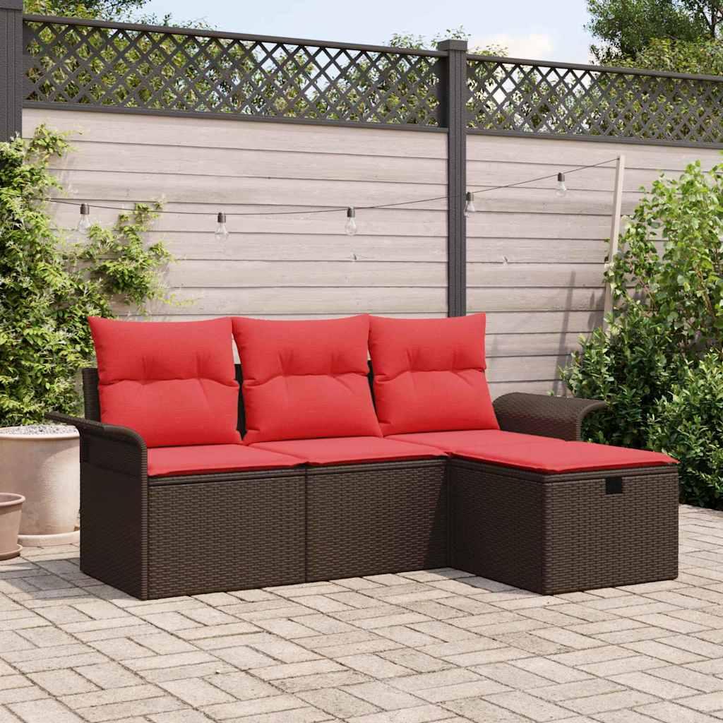 Havesofa Sæt med pude 4 stk Brun og Rød polyrattan