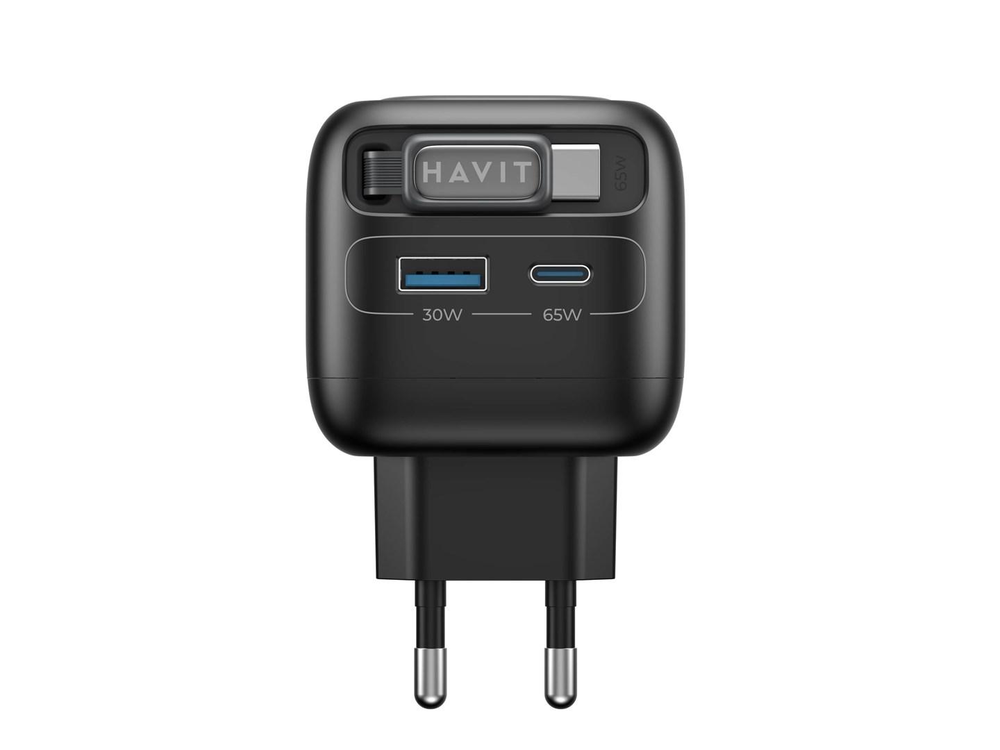 Havit UC253 EU 65 W GaN rejseoplader med udtrækkeligt kabel - sort