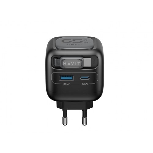 Havit UC253 EU 65 W GaN rejseoplader med udtrækkeligt kabel - sort